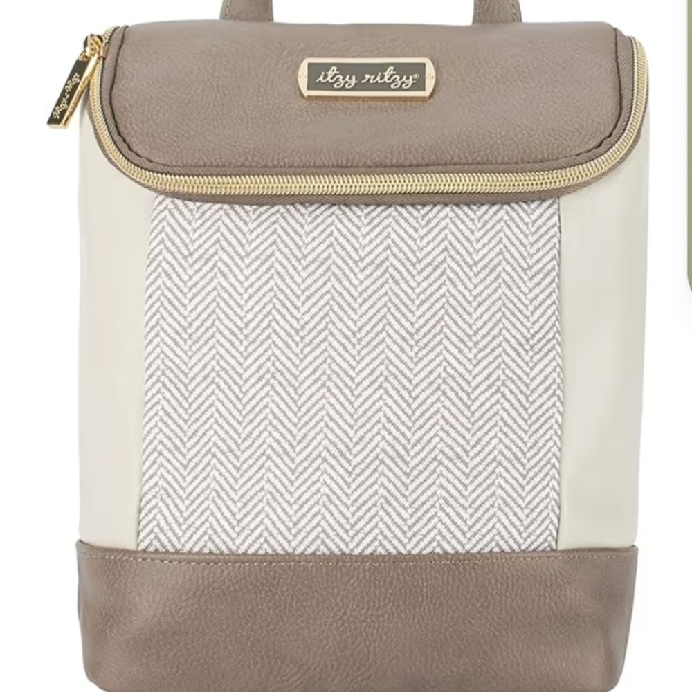 Itzy Ritzy Taupe and Cream Herringbone Backpack